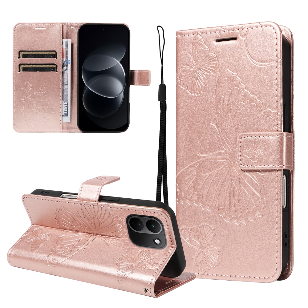 Big Butterfly könyvformájú tok a Xiaomi Redmi Note 17 Pro Max 5G-hez – rózsaszín-arany
