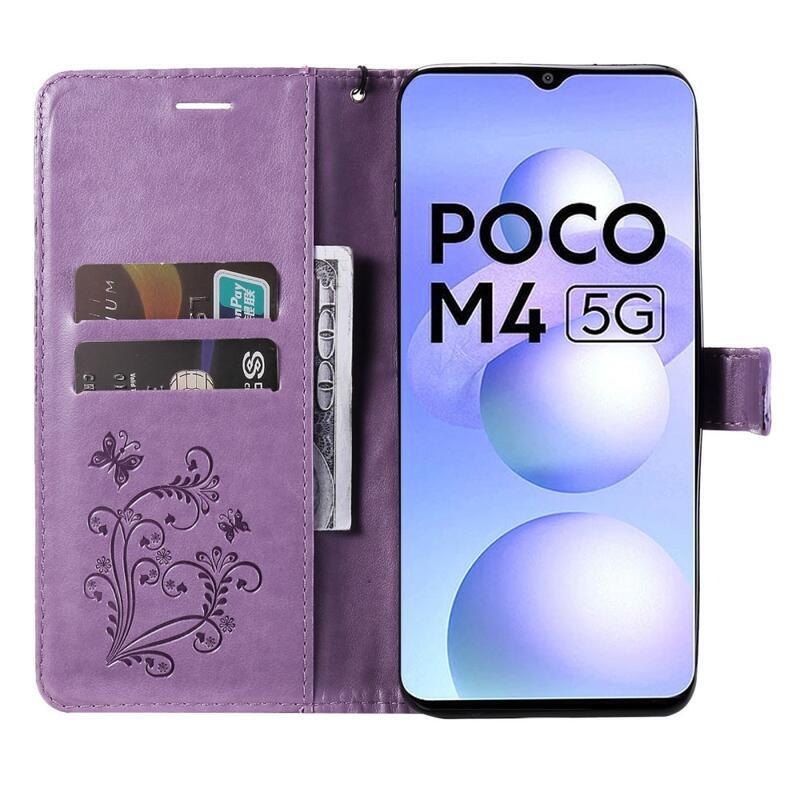 Nagy pillangó pénztárca tok a Xiaomi Poco M4 5G számára - lila