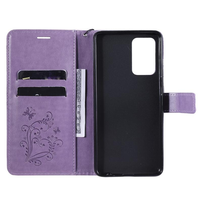 Nagy pillangó PU bőr pénztárca tok Samsung Galaxy A52 5G/4G/A52s 5G - lila