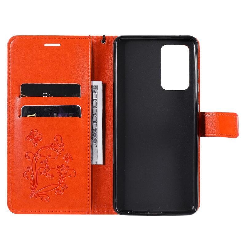 Nagy pillangó PU bőr pénztárca tok Samsung Galaxy A52 5G/4G/A52s 5G - narancssárga