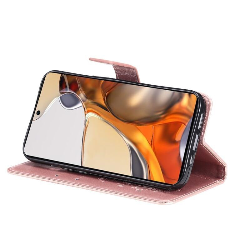 Nagy pillangó PU bőr pénztárca tok Xiaomi 11T/11T Pro mobiltelefonhoz - rózsa arany