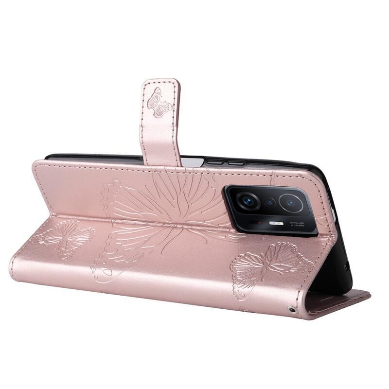 Nagy pillangó PU bőr pénztárca tok Xiaomi 11T/11T Pro mobiltelefonhoz - rózsa arany