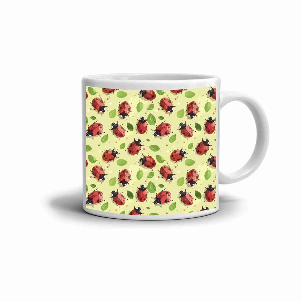 Fehér kerámia bögre 330ml képpel - katicabogarak a réten