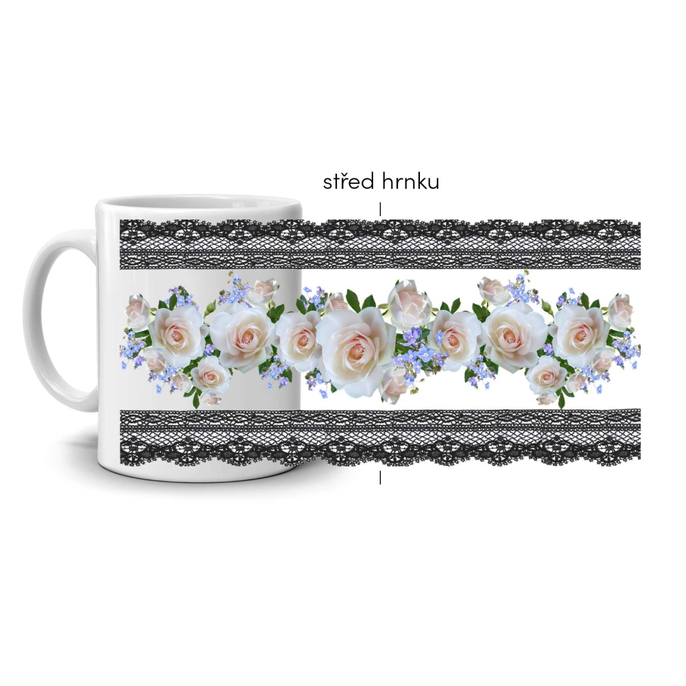 Fehér kerámia bögre 330ml képpel - csipkés fehér rózsák
