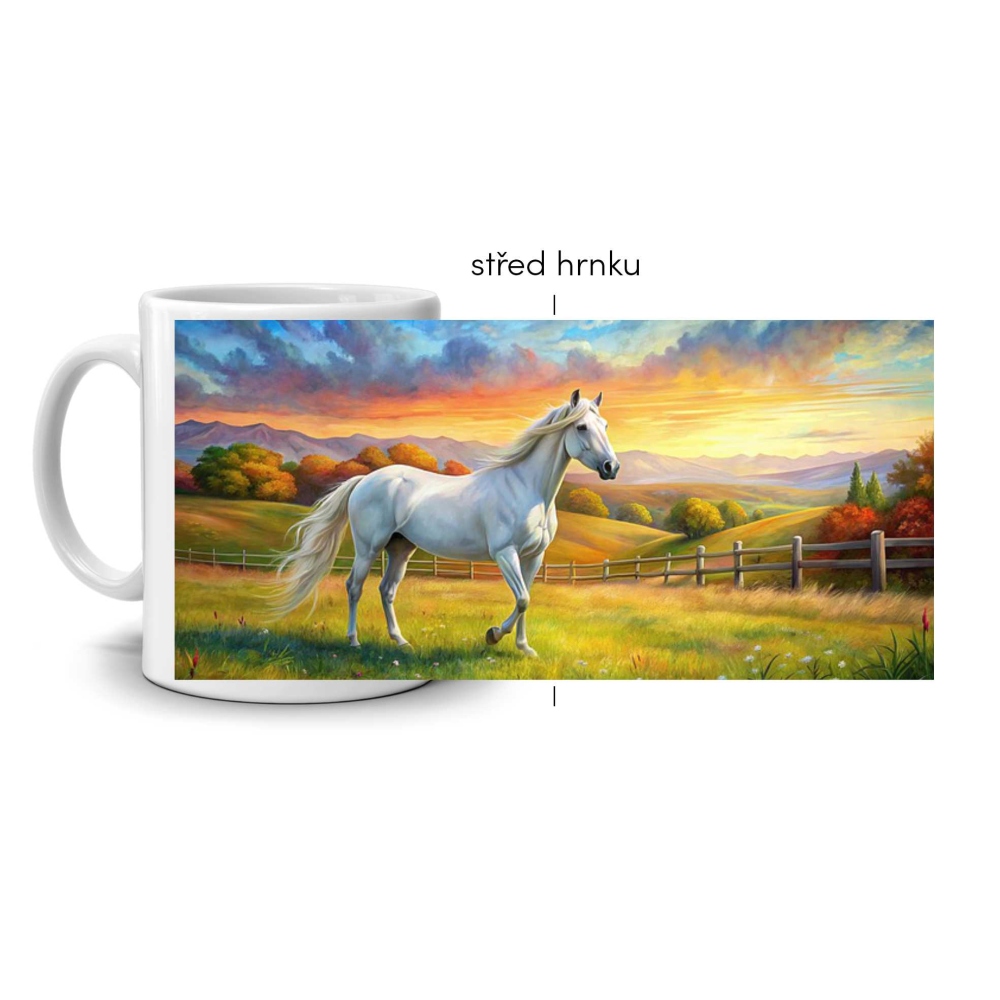 Fehér kerámia bögre 330ml képpel - fehér ló naplementekor