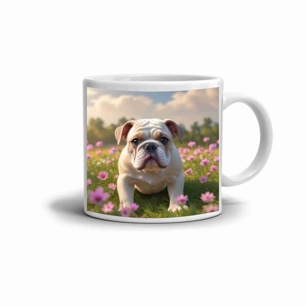 Fehér kerámia bögre 330ml képpel - bulldog a réten