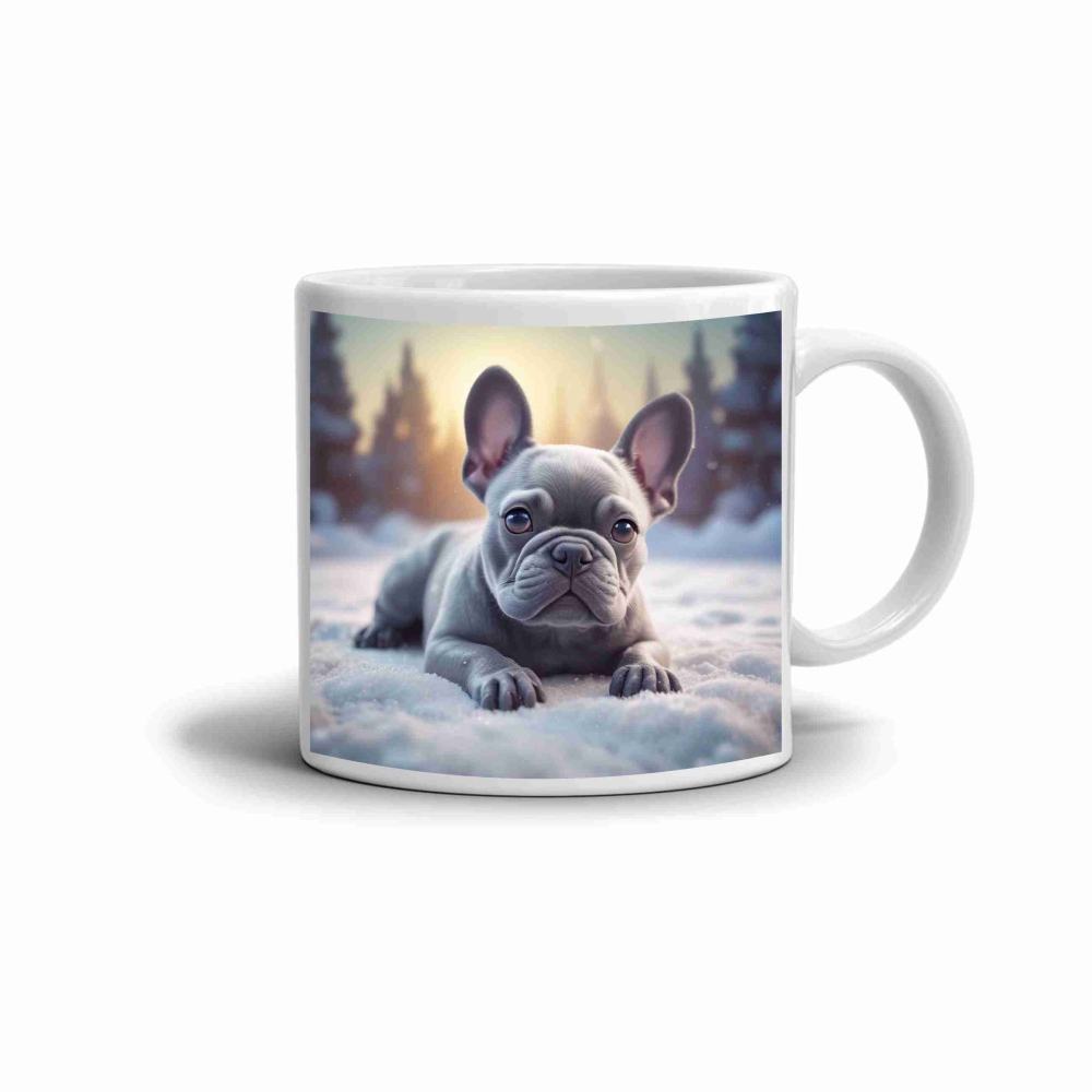 Fehér kerámia bögre 330ml képpel - bulldog a hóban