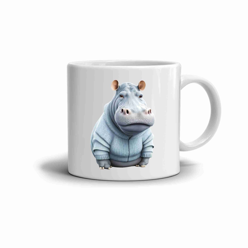 Fehér kerámia bögre 330ml képpel - víziló pulóverben