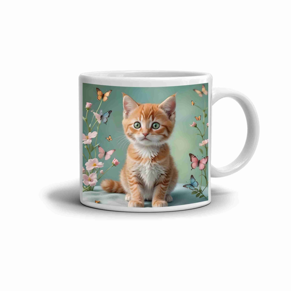 Fehér kerámia bögre 330ml képpel - cica a pillangókertben