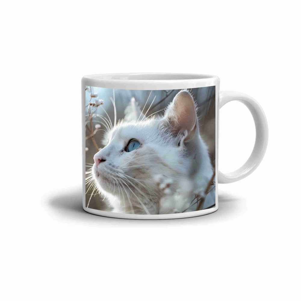 Fehér kerámia bögre 330ml képpel - macska virágok között