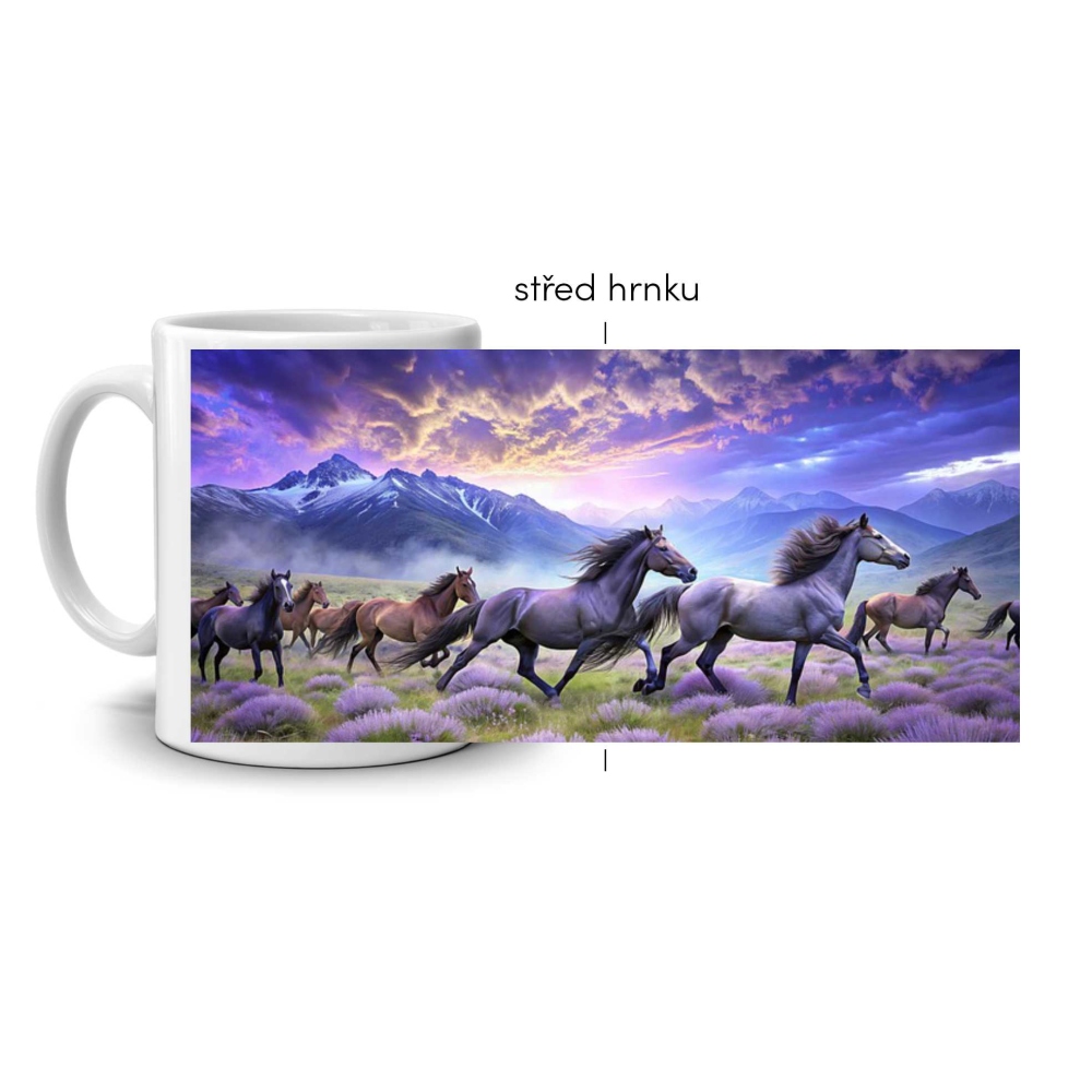 Fehér kerámia bögre 330ml képpel - lovak a levendula-völgyben