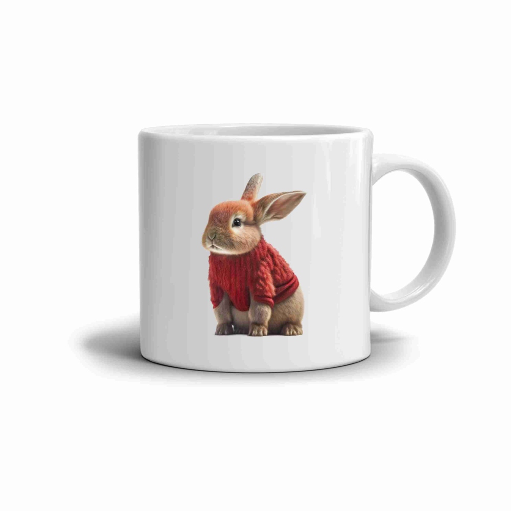 Fehér kerámia bögre 330ml képpel - nyuszi pulóverben