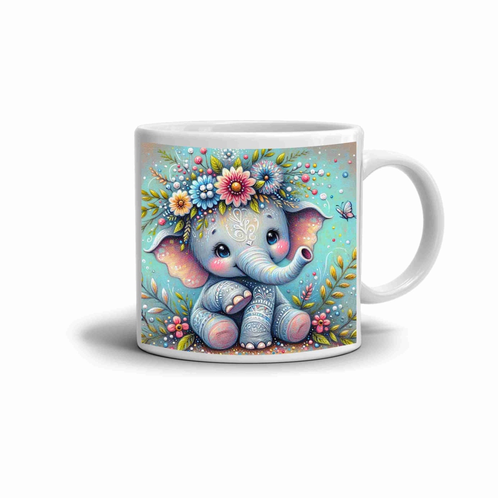 Fehér kerámia bögre 330ml képpel - virág elefánt