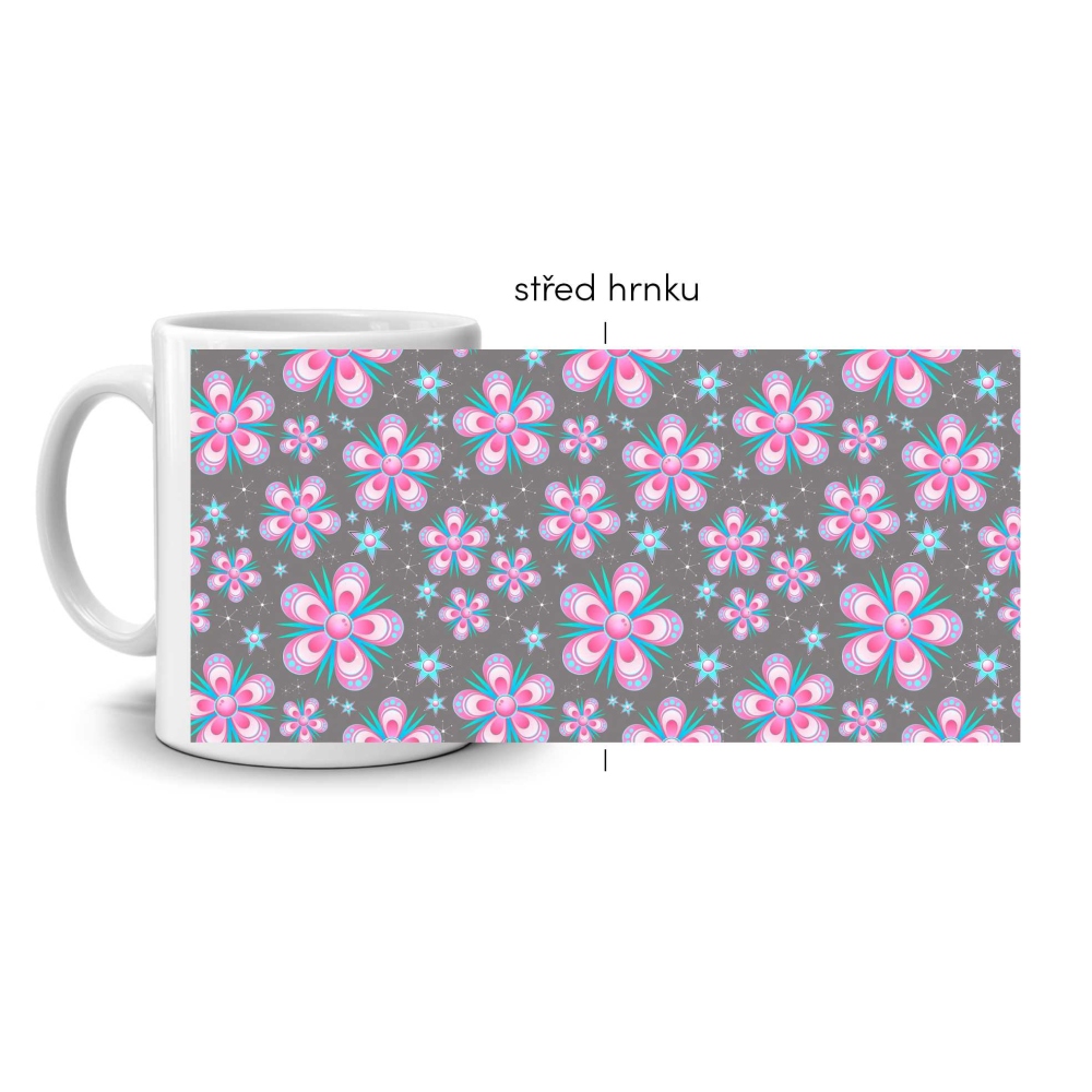 Fehér kerámia bögre 330ml képpel - virágok szürke alapon