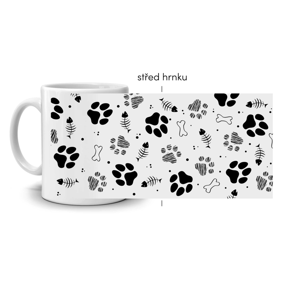 Fehér kerámia bögre 330ml képpel - kutyamancsok (világos téma)