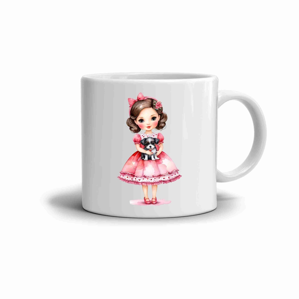 Fehér kerámia bögre 330ml képpel - rózsaszín lány kutyával