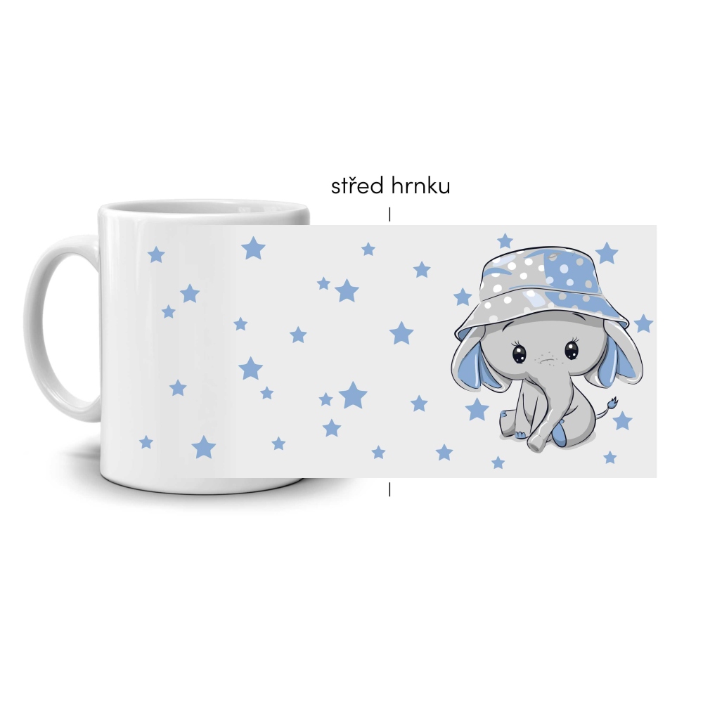 Fehér kerámia bögre 330ml képpel - elefánt kék kalapban