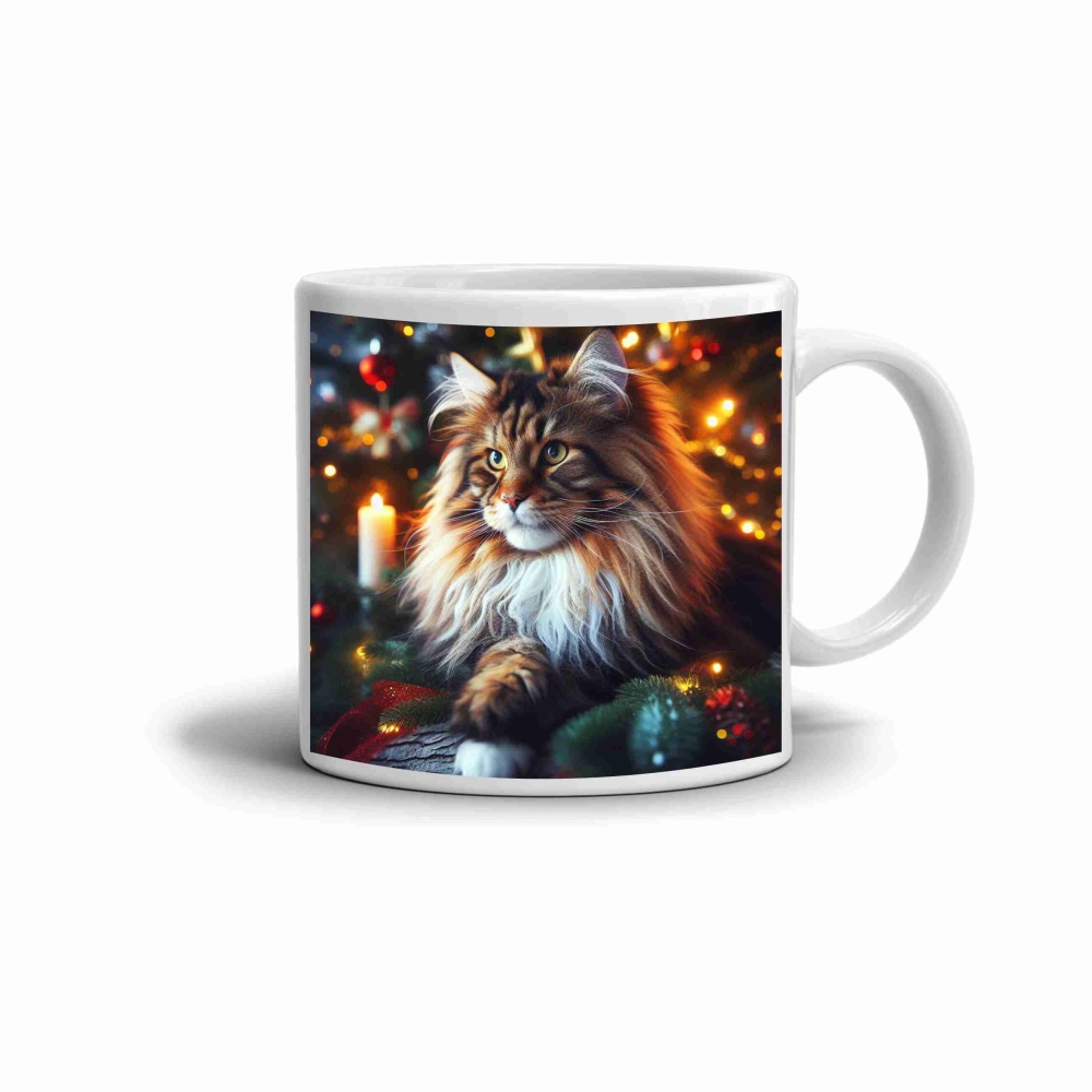 Fehér kerámia bögre 330ml képpel - Karácsonyi Maine Coon