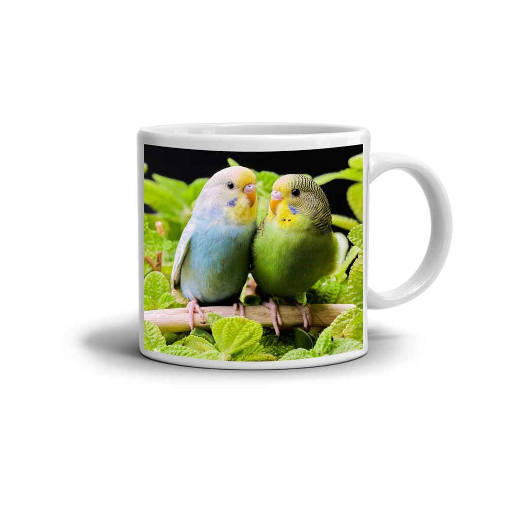 Fehér kerámia bögre 330ml képpel - szerelmes hullámos papagájok