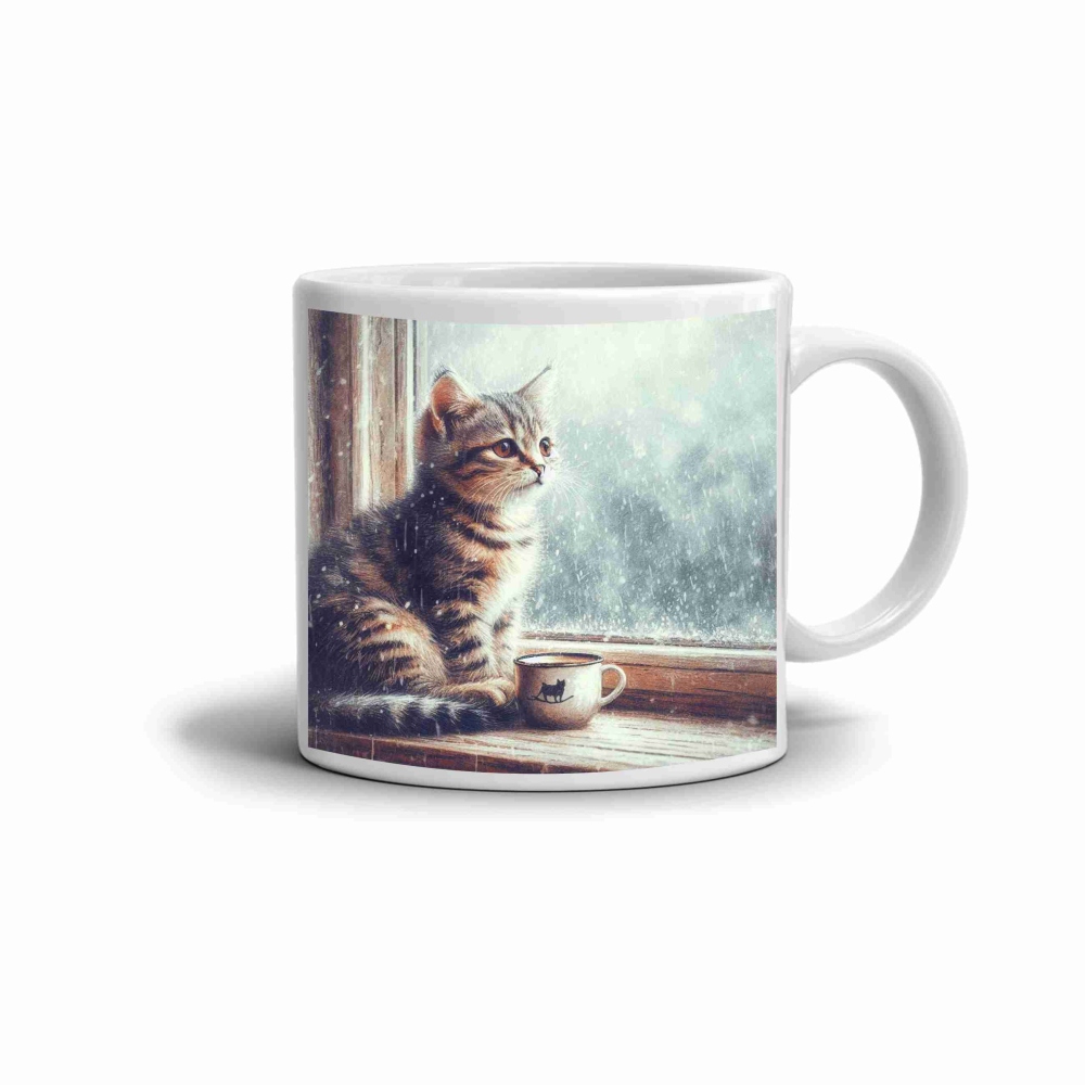 Fehér kerámia bögre 330ml képpel - Kiscica téli pillanatai