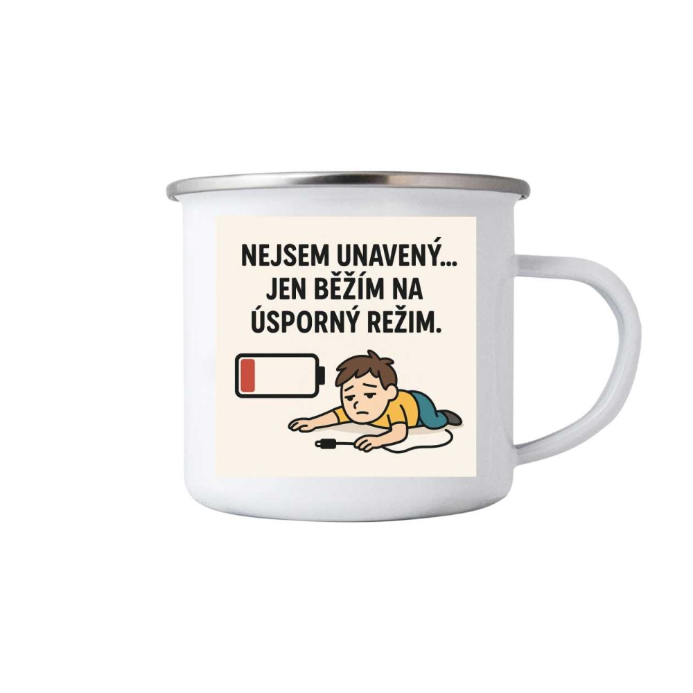Fehér bádog bögre 380ml képpel - idézet: Nem vagyok fáradt