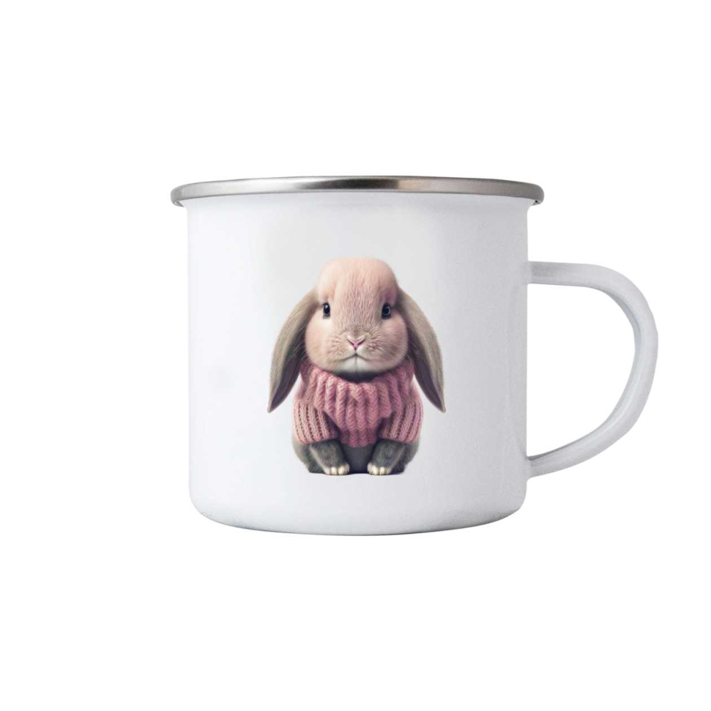 Fehér fémbögre 380ml képpel - pulóveres nyuszi