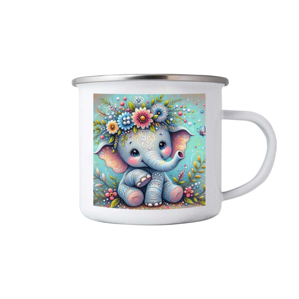 Fehér bádog bögre 380ml képpel - virág elefánt