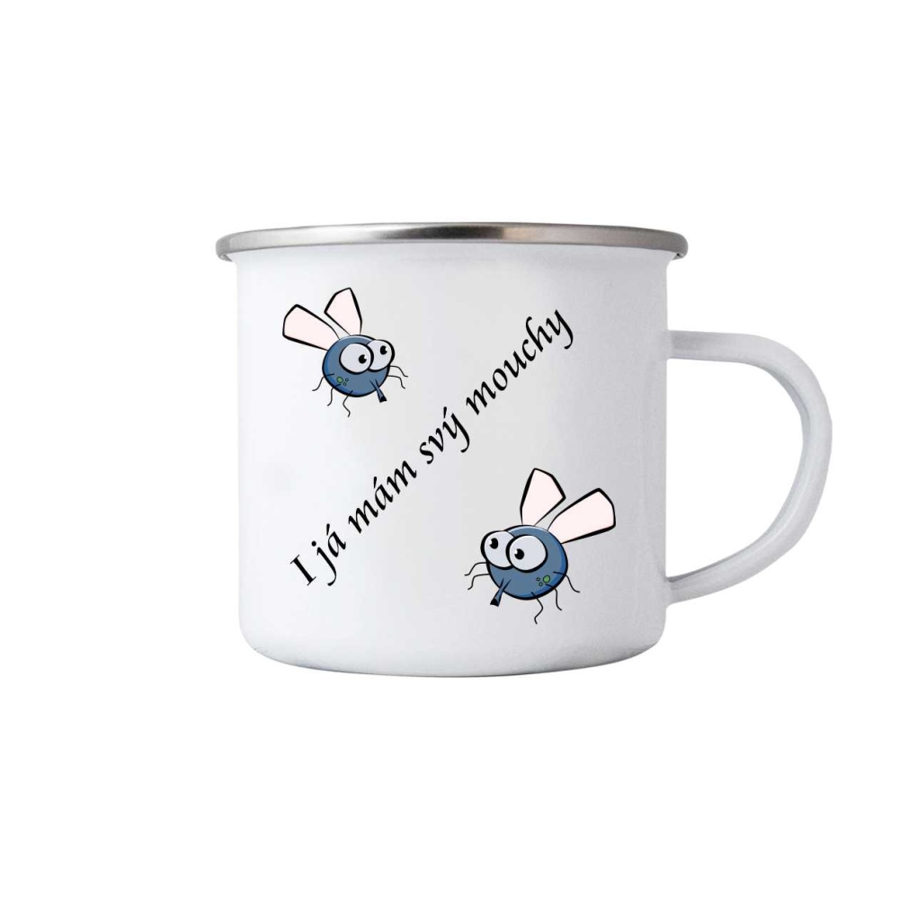 Fehér bádog bögre 380ml képpel - legyek