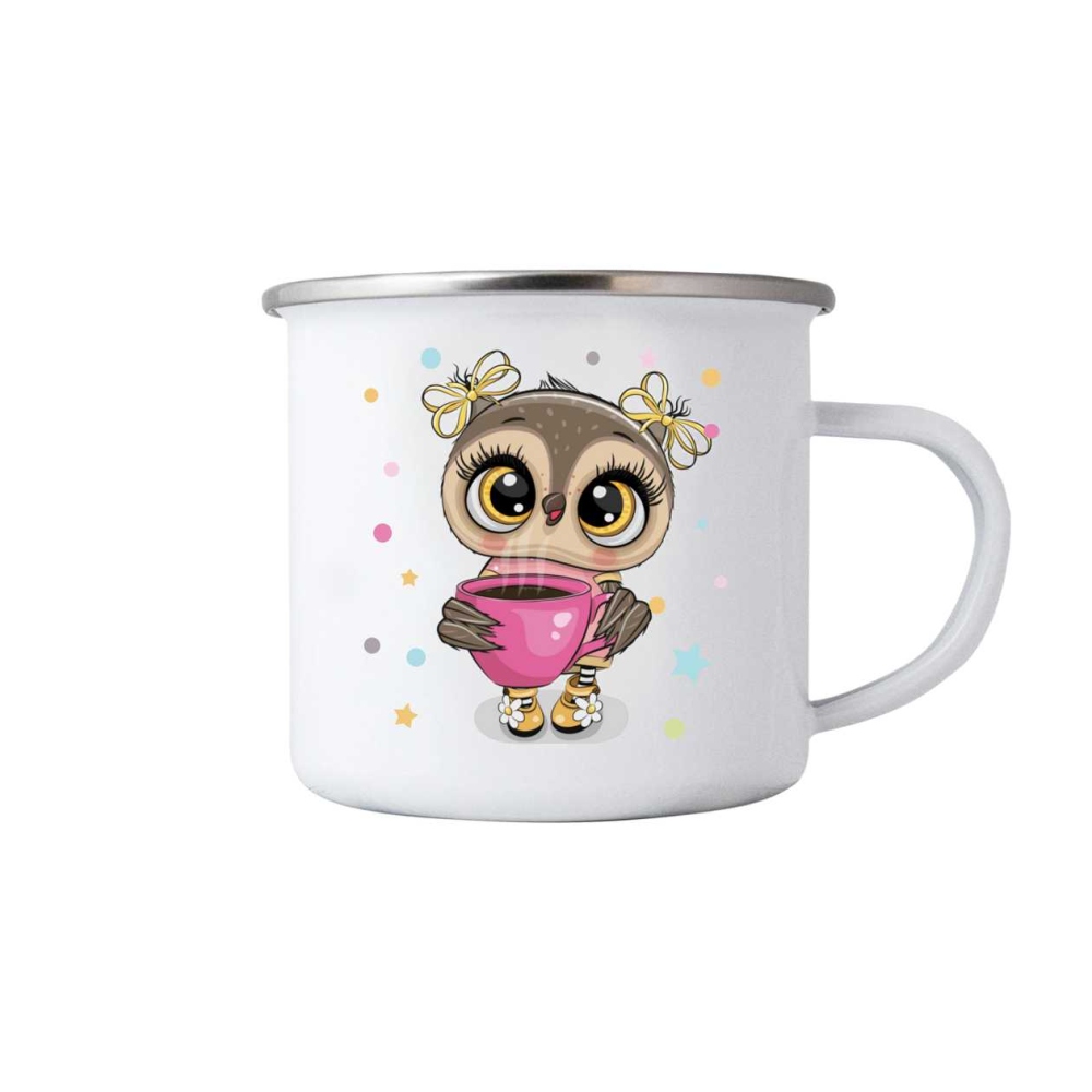 Fehér bádog bögre 380ml képpel - aranyos bagoly