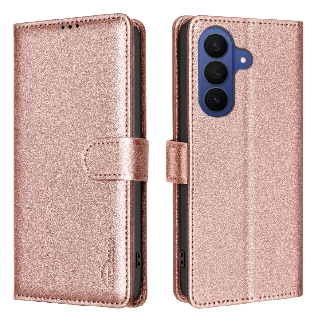 BINFEN könyvformájú tok a Samsung Galaxy S26 FE-hez – rózsaszín-arany