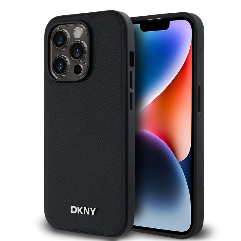 DKNY PU bőr ezüst fém logó Magsafe hátlap iPhone 14 Pro Fekete