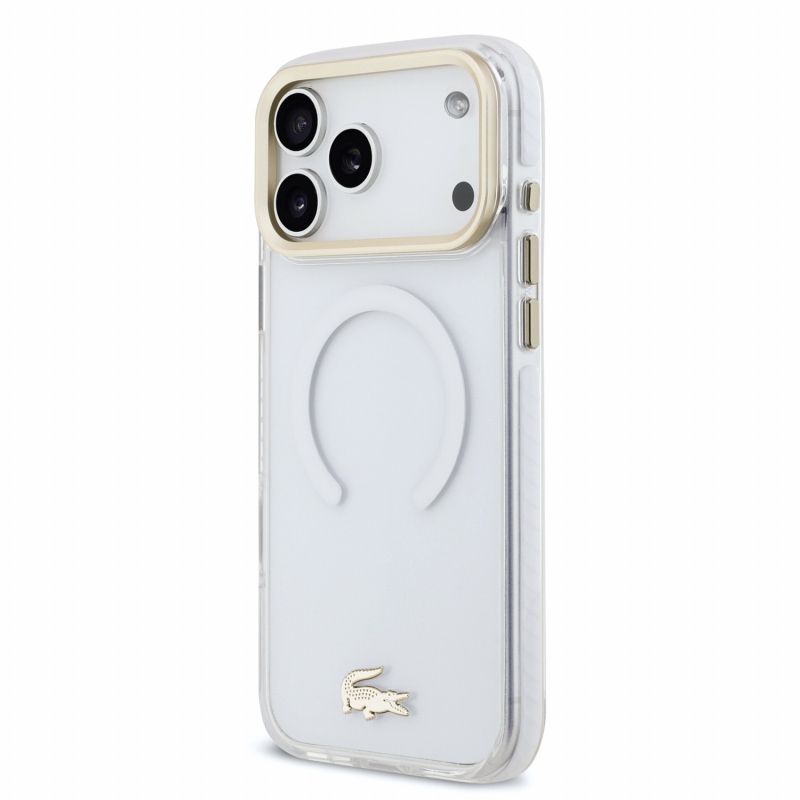 Lacoste IML ütésálló Petit Pique arany logós MagSafe hátsó tok iPhone 18 Pro Max-hoz, átlátszó