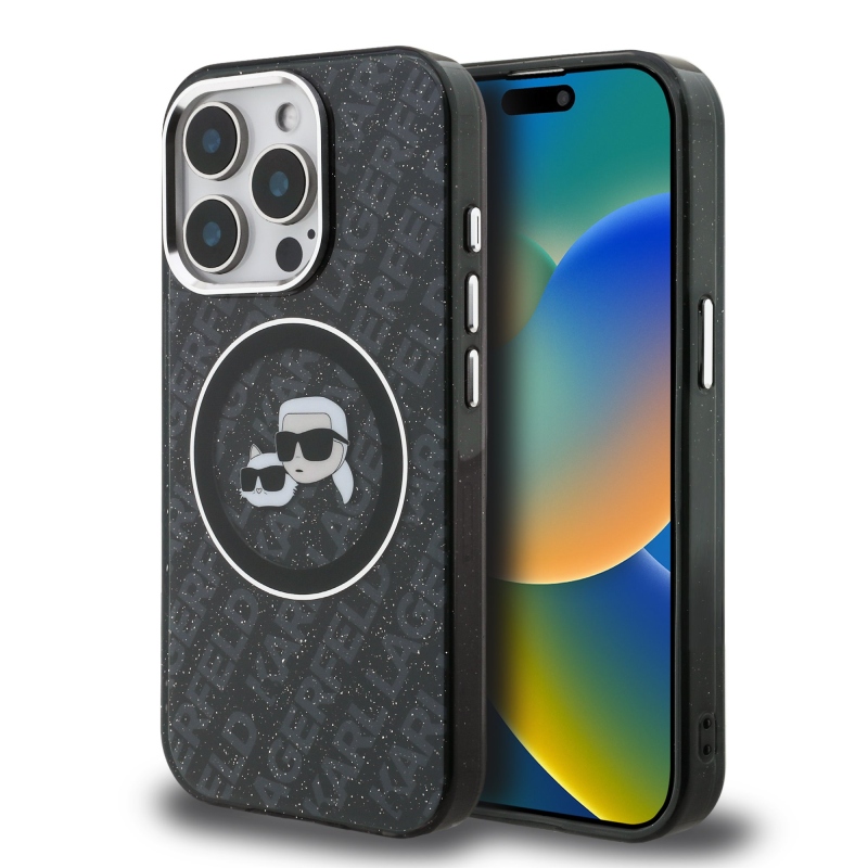 Karl Lagerfeld IML K&CH Heads Ismételt logó MagSafe hátlapi borító iPhone 15 Pro-hoz Fekete