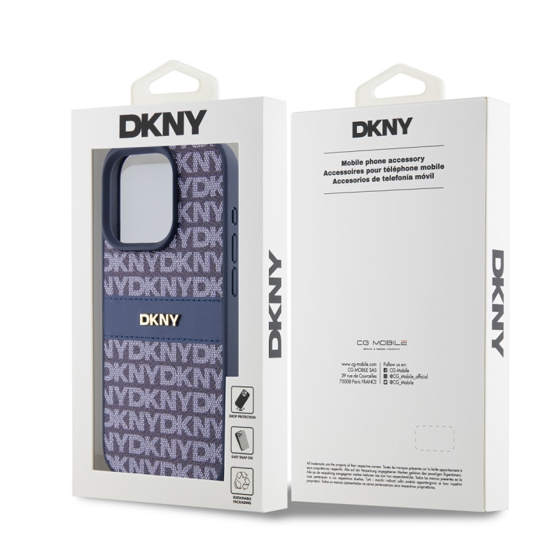 DKNY PU bőr ismétlődő mintás tonális csíkos hátlapi borító iPhone 15 Pro Max kékhez