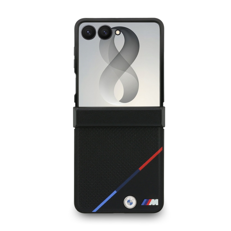 BMW M PU perforált, háromszínű csíkos, mágneses hátsó burkolat a Samsung Galaxy Z Flip 8-hoz, fekete