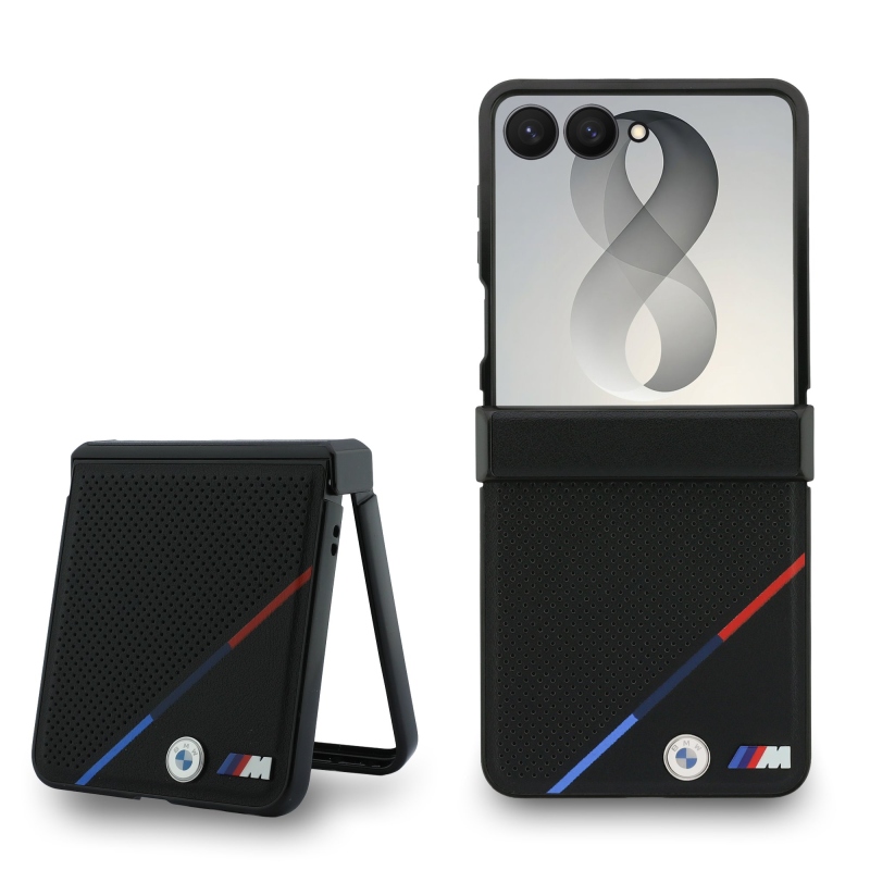 BMW M PU perforált, háromszínű csíkos, mágneses hátsó burkolat a Samsung Galaxy Z Flip 8-hoz, fekete