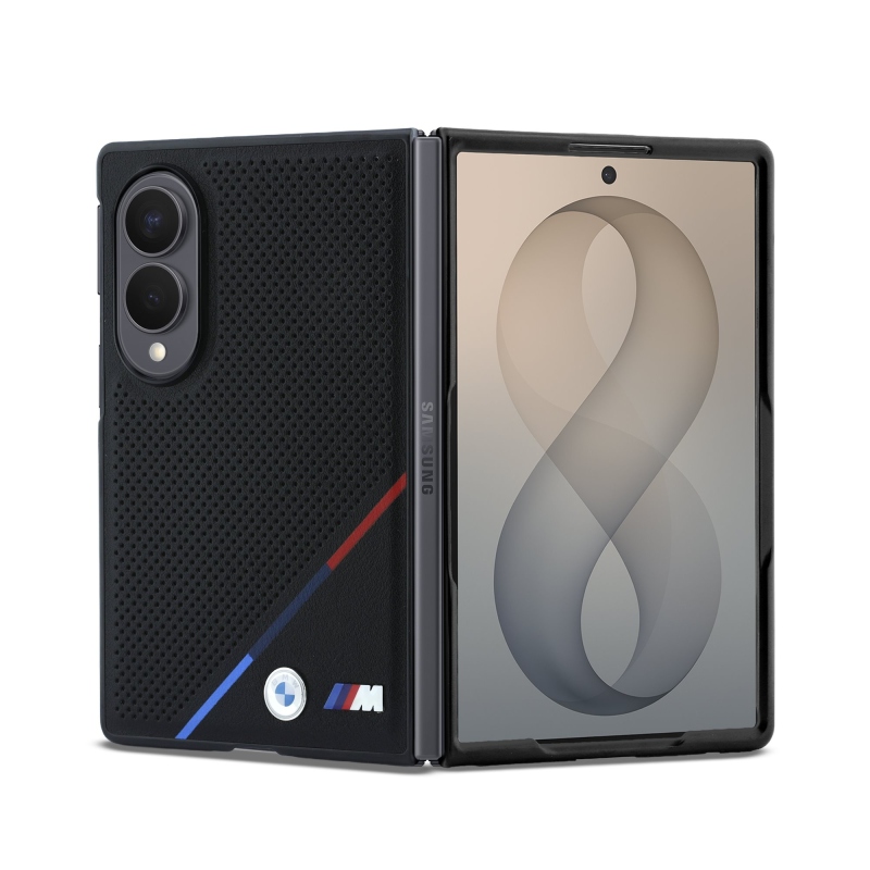 BMW M PU perforált, háromszínű csíkos, mágneses hátsó burkolat a Samsung Galaxy Z Fold 8-hoz, fekete