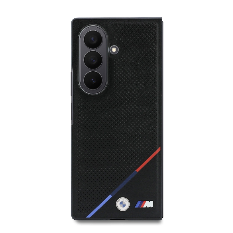 BMW M PU perforált, háromszínű csíkos mágneses hátsó burkolat a Samsung Galaxy Z Fold 8-hoz, Ultra Black