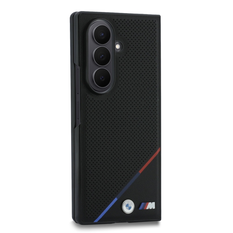 BMW M PU perforált, háromszínű csíkos mágneses hátsó burkolat a Samsung Galaxy Z Fold 8-hoz, Ultra Black