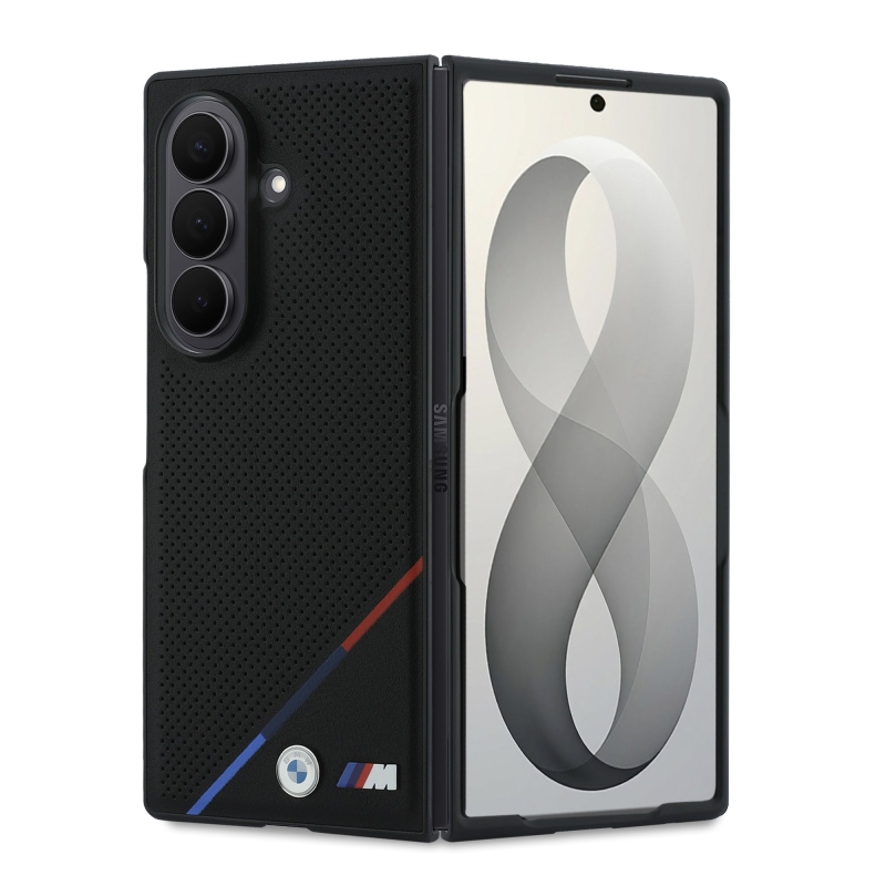 BMW M PU perforált, háromszínű csíkos mágneses hátsó burkolat a Samsung Galaxy Z Fold 8-hoz, Ultra Black