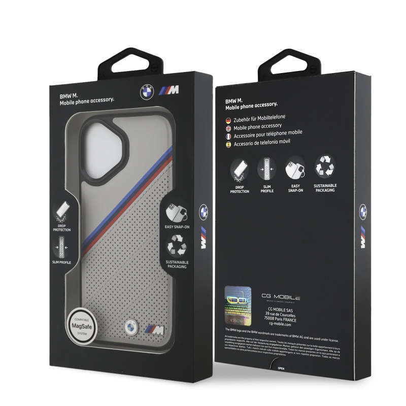 BMW M háromszínű, perforált mintázatú MagSafe tok iPhone 17-hez, szürke