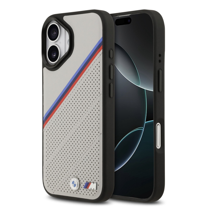 BMW M háromszínű, perforált mintázatú MagSafe tok iPhone 17-hez, szürke