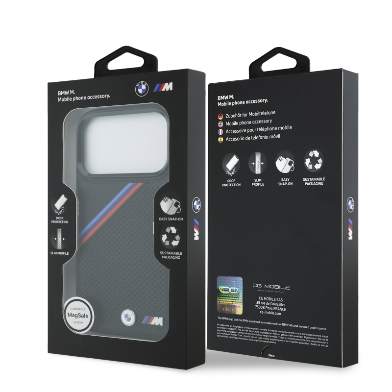 BMW M háromszínű, perforált mintázatú MagSafe tok iPhone 17 Pro-hoz, fekete