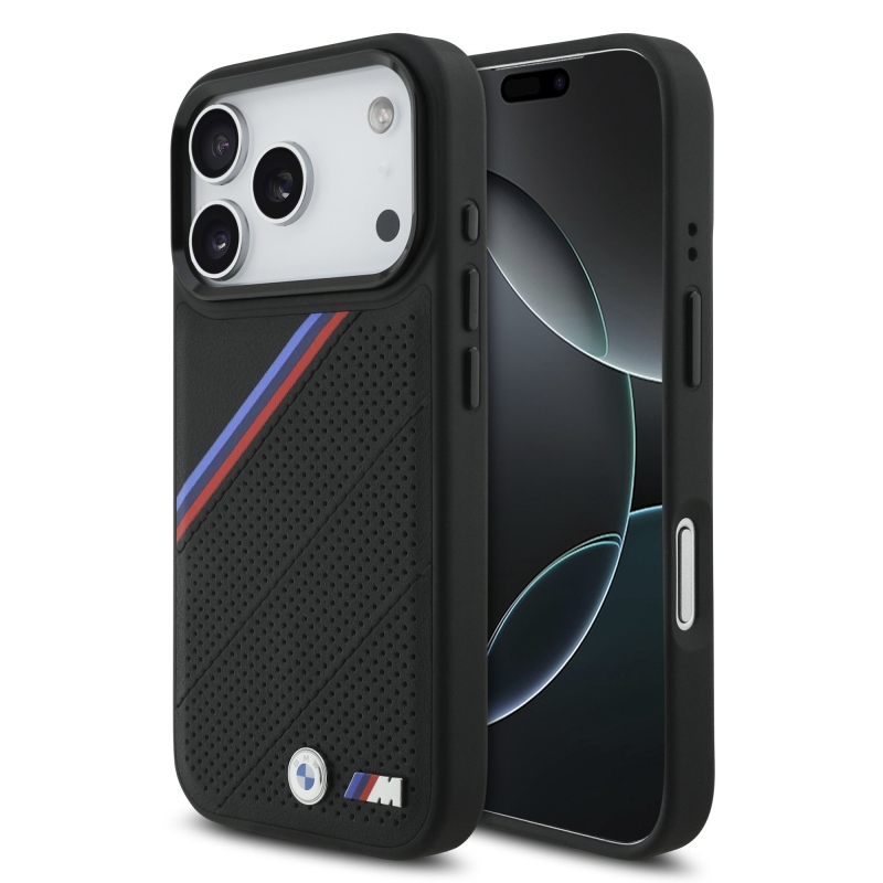 BMW M háromszínű, perforált mintázatú MagSafe tok iPhone 17 Pro-hoz, fekete