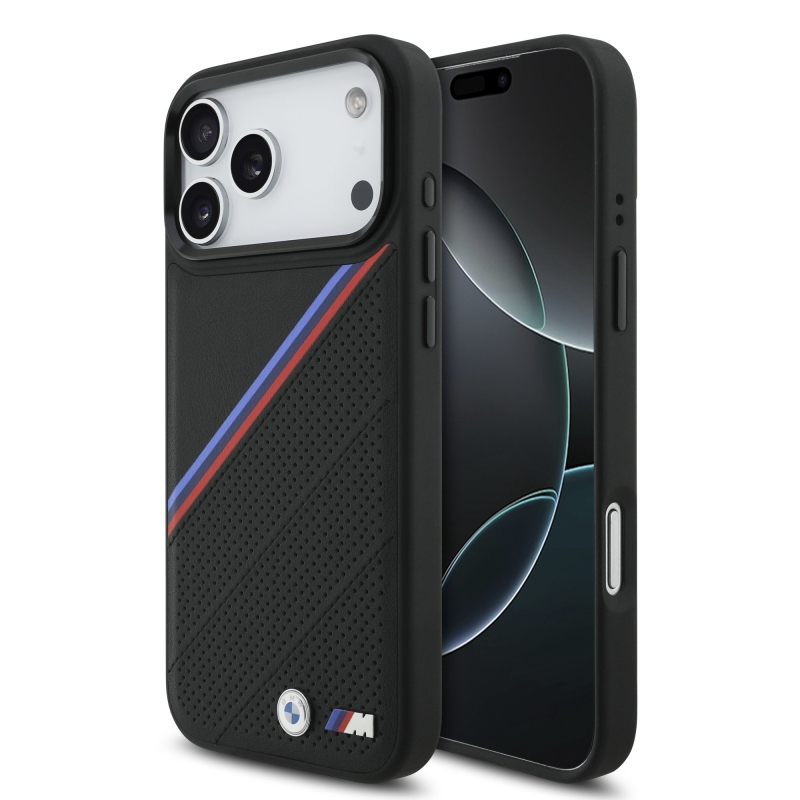 BMW M háromszínű, perforált mintázatú MagSafe tok iPhone 17 Pro Max-hoz, fekete