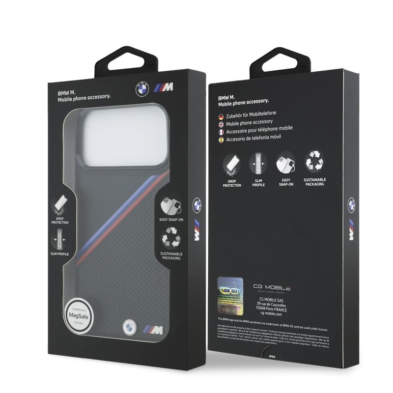 BMW M háromszínű, perforált mintázatú MagSafe tok iPhone 17 Pro Max-hoz, fekete