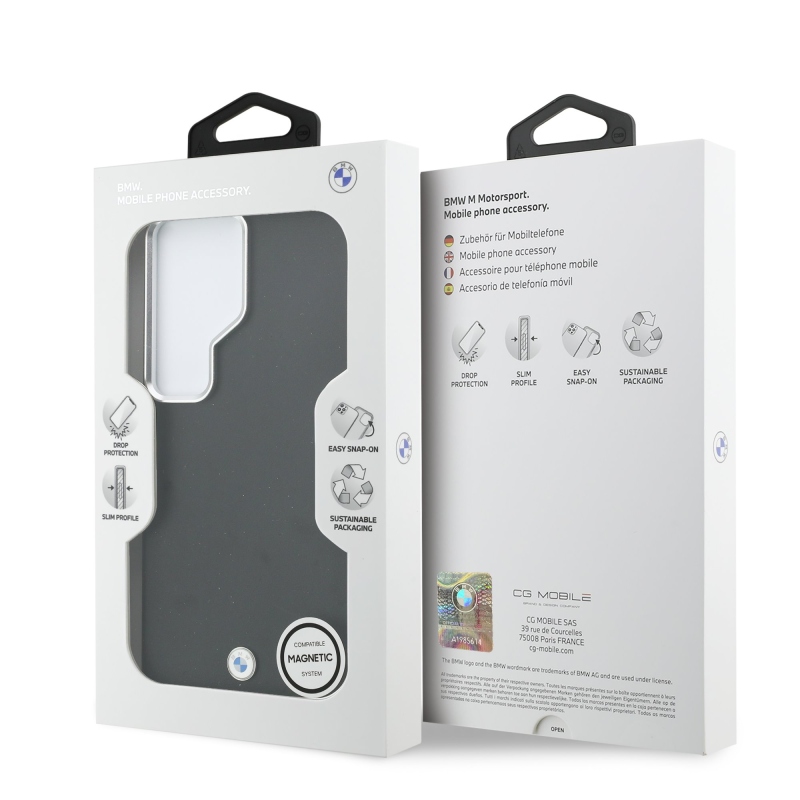 BMW Signature PU Leather Metal Logo Logo mágneses hátlap Samsung Galaxy S26 Ultra fekete