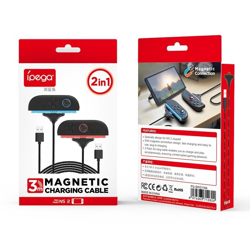 iPega SW2119A töltőkábel (3m, 2db) JoyCon kontrollerekhez Nintendo Switch 2 piros/kék