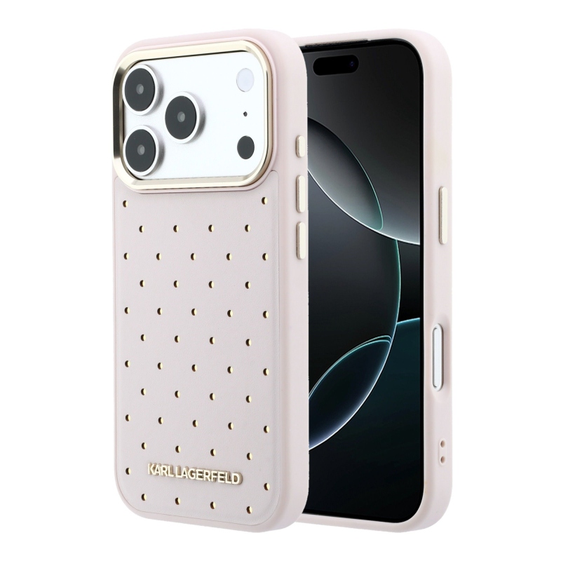 Karl Lagerfeld PU perforált arany pöttyös MagSafe hátlap az iPhone 17 Pro-hoz, rózsaszín
