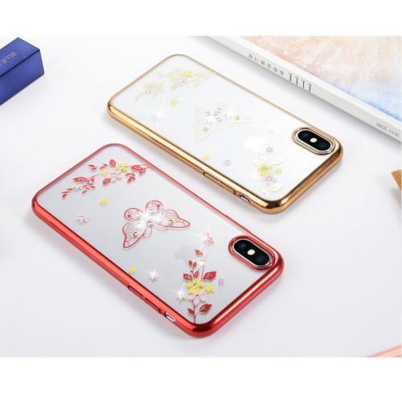 Kristályokkal díszített Brilliance műanyag tok iPhone X készülékhez - piros